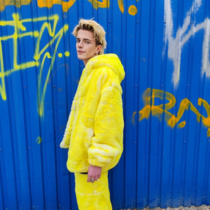 Faux fur luxury jacket handmade premium fleece jacket fluffy hooded lemon coat festival bomber tie-dye puffer in fluorescent yellow white