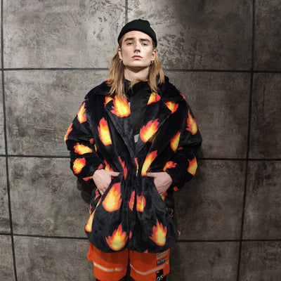 Flame print coat burning fire fleece trench luxury festival jacket fluffy grunge bomber in black orange