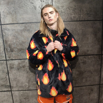 Flame print coat burning fire fleece trench luxury festival jacket fluffy grunge bomber in black orange