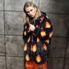 Flame print coat burning fire fleece trench luxury festival jacket fluffy grunge bomber in black orange