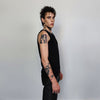 Buckle strap sleeveless top utility tank top rocker crew neck high fashion faux leather t-shirt grunge belt finish vest punk jumper in black