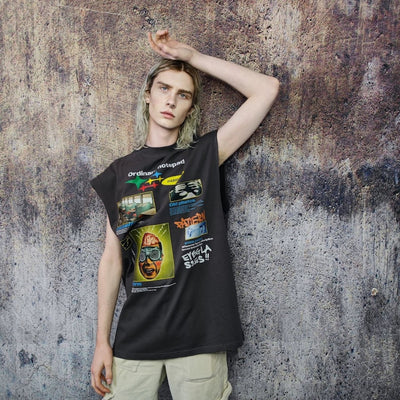 Cyber punk sleeveless t-shirt Y2K print tank top retro surfer vest Racing print jumper in grey