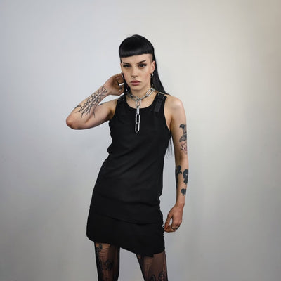 Buckle strap sleeveless top utility tank top rocker crew neck high fashion faux leather t-shirt grunge belt finish vest punk jumper in black