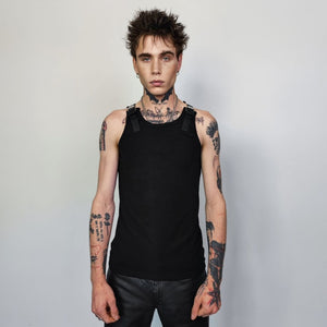 Buckle strap sleeveless top utility tank top rocker crew neck high fashion faux leather t-shirt grunge belt finish vest punk jumper in black