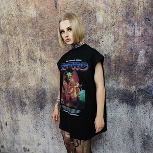 Y2K print sleeveless t-shirt cyber punk tank top retro slogan surfer vest grunge raver top in black