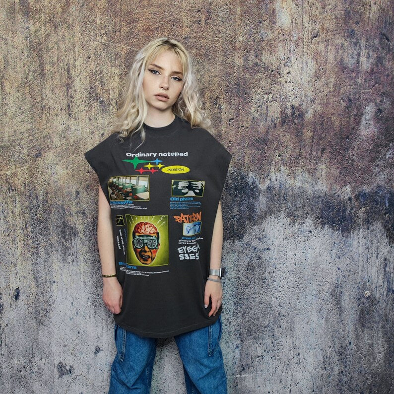 Cyber punk sleeveless t-shirt Y2K print tank top retro surfer vest Racing print jumper in grey