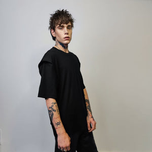 Shoulder padded t-shirt double layer tee grunge rocker jumper utility top unusual gorpcore t-shirt edgy baggy tee in black