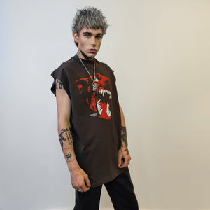 Doberman sleeveless t-shirt angry dog tank fangs print tee grunge punk top retro surfer vest Halloween jumper in grey