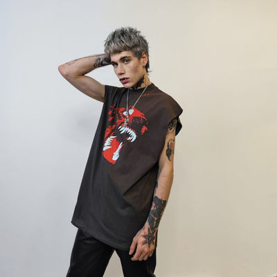 Doberman sleeveless t-shirt angry dog tank fangs print tee grunge punk top retro surfer vest Halloween jumper in grey