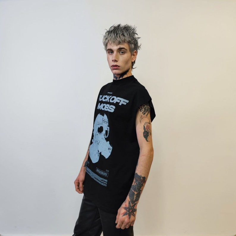 Punk sleeveless t-shirt gas mask print tank grunge rock tee retro raver top Australian surfer vest in black