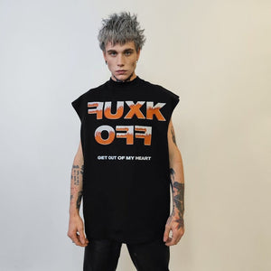 Fuck off sleeveless t-shirt rude slogan tank top rock singer tee flame print retro surfer vest in black