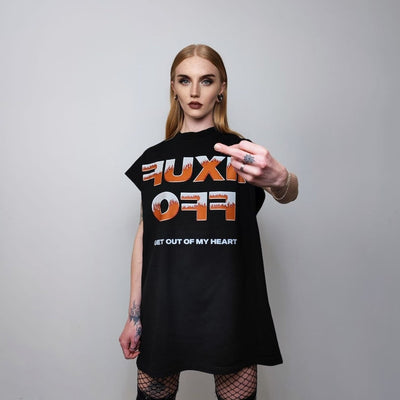 Fuck off sleeveless t-shirt rude slogan tank top rock singer tee flame print retro surfer vest in black