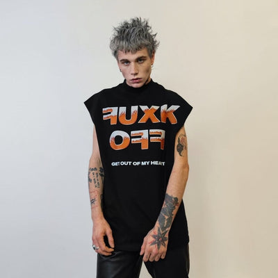 Fuck off sleeveless t-shirt rude slogan tank top rock singer tee flame print retro surfer vest in black