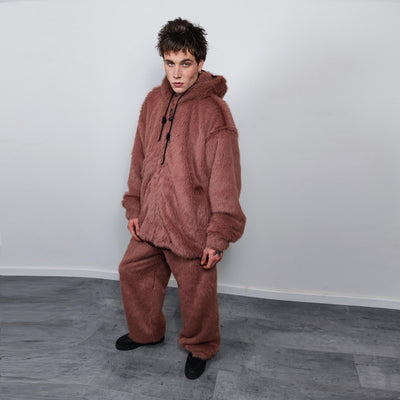 Faux fur joggers luxury fluffy pants handmade fleece trousers long hair premium overalls in brown