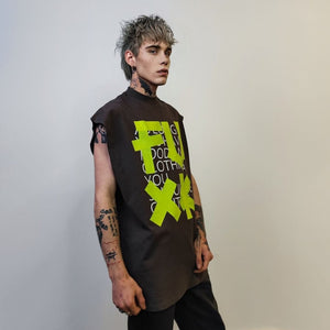 Fuck slogan sleeveless t-shirt punk tank rude print tee grunge rocker top retro surfer vest in grey