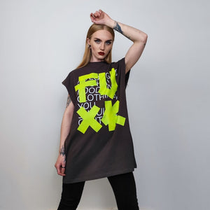 Fuck slogan sleeveless t-shirt punk tank rude print tee grunge rocker top retro surfer vest in grey