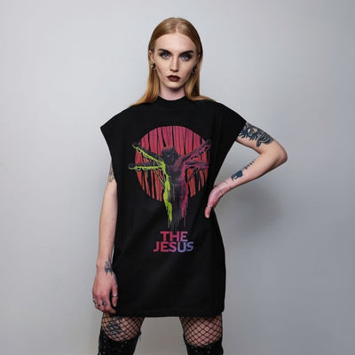 Jesus sleeveless t-shirt Gothic cross tank religious print tee creepy Halloween top retro surfer vest punk jumper in black