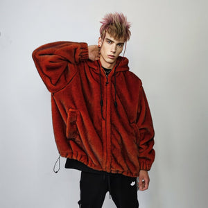 Luxury faux fur jacket handmade premium festival fleece coat fluffy hooded bomber grunge varsity tie-dye puffer in black red