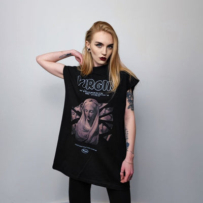 Gothic sleeveless t-shirt virgin slogan tank top saint print tee creepy jumper retro surfer vest in black