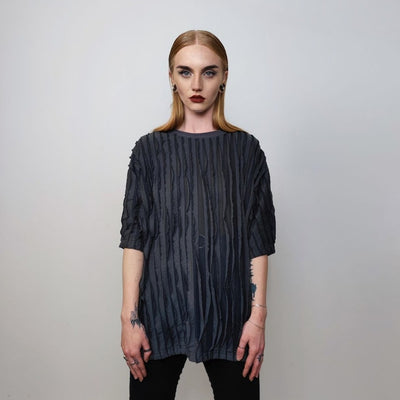 Fringed t-shirt textured grunge top see-through punk tee unusual transparent gothic tshirt catwalk jumper in grey