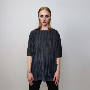 Fringed t-shirt textured grunge top see-through punk tee unusual transparent gothic tshirt catwalk jumper in grey