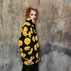 Emoji print fleece jacket fluffy smile bomber festival varsity raised neck cartoon track jacket grunge geometric coat in black yellow