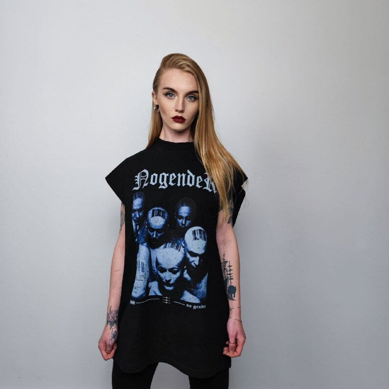 Punk sleeveless t-shirt skinhead print tank top grunge Gothic tee subculture top retro surfer vest in black