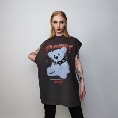 Punk bear sleeveless t-shirt teddy tank top choker print tee grunge gothic top retro surfer vest rocker jumper in grey