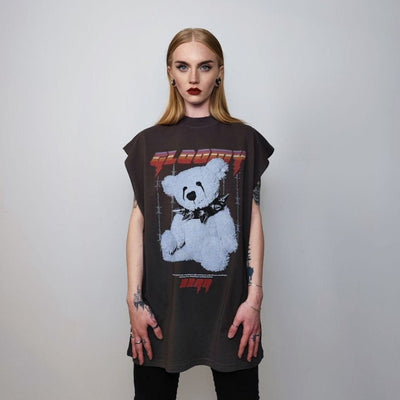 Punk bear sleeveless t-shirt teddy tank top choker print tee grunge gothic top retro surfer vest rocker jumper in grey