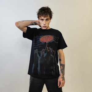 Raven print t-shirt Gothic crow tee grunge graffiti top punk scribble tshirt rocker jumper retro pattern creepy pullover in black