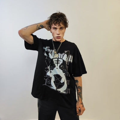 Pentagram print loose fit t-shirt Gothic tee monster tee retro Japanese cartoon baggy top anime jumper punk Halloween pullover in black