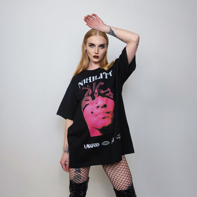 Gothic print t-shirt Nihility slogan tee grunge punk top 80s pattern jumper in black