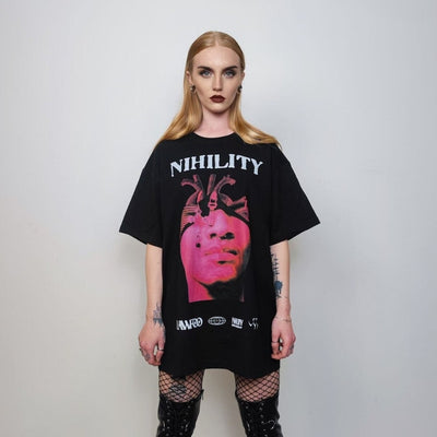 Gothic print t-shirt Nihility slogan tee grunge punk top 80s pattern jumper in black