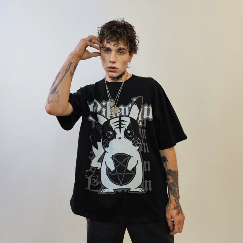 Pentagram print loose fit t-shirt Gothic tee monster tee retro Japanese cartoon baggy top anime jumper punk Halloween pullover in black