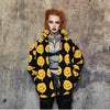 Emoji print fleece jacket fluffy smile bomber festival varsity raised neck cartoon track jacket grunge geometric coat in black yellow