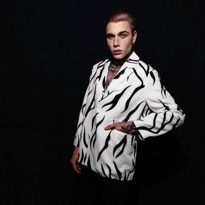 Zebra blazer animal print jacket formal going out tuxedo fancy dress bomber rave party coat tribal varsity coat catwalk stripe jacket white