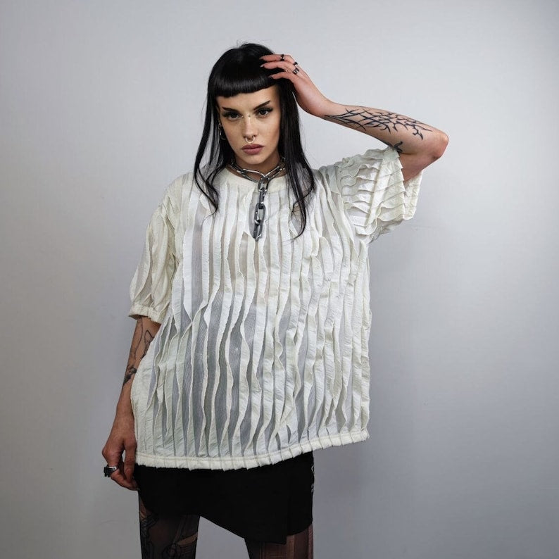 Fringed t-shirt textured grunge top see-through punk tee unusual transparent gothic tshirt catwalk jumper in cream