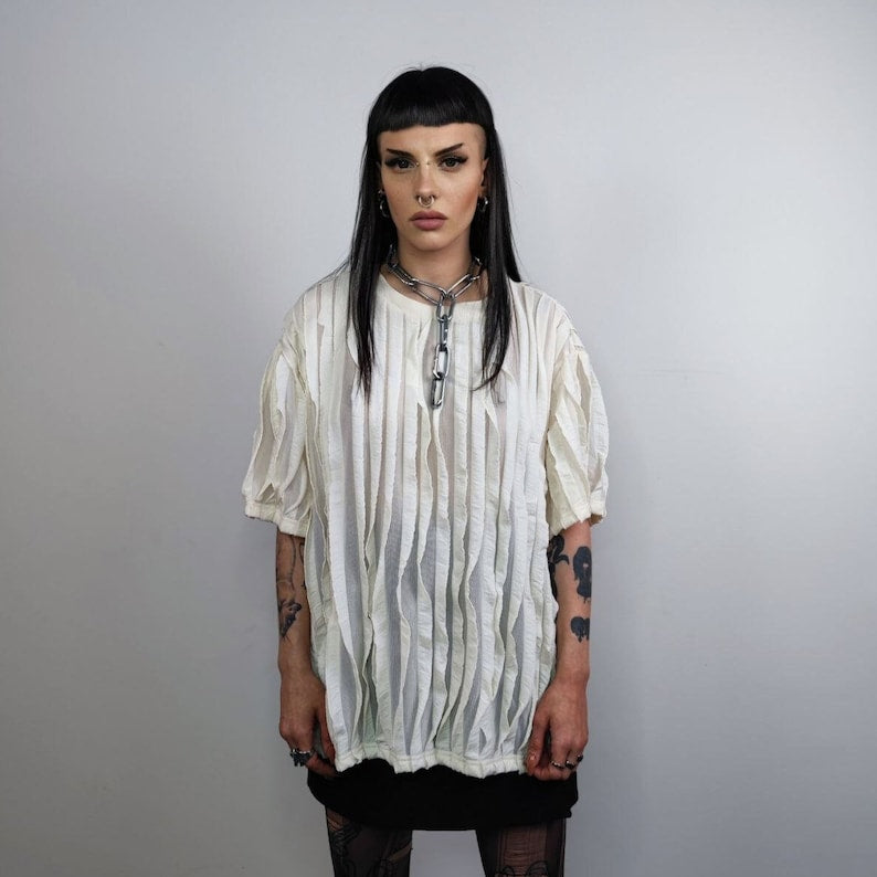 Fringed t-shirt textured grunge top see-through punk tee unusual transparent gothic tshirt catwalk jumper in cream