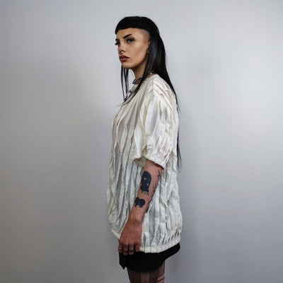 Fringed t-shirt textured grunge top see-through punk tee unusual transparent gothic tshirt catwalk jumper in cream