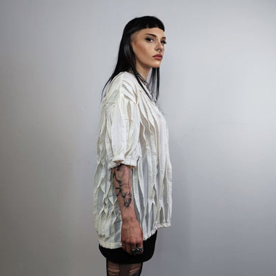 Fringed t-shirt textured grunge top see-through punk tee unusual transparent gothic tshirt catwalk jumper in cream