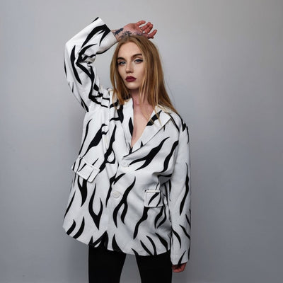 Zebra blazer animal print jacket formal going out tuxedo fancy dress bomber rave party coat tribal varsity coat catwalk stripe jacket white