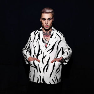 Zebra blazer animal print jacket formal going out tuxedo fancy dress bomber rave party coat tribal varsity coat catwalk stripe jacket white