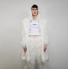 White shaggy fur coat longline hairy trench long hair overcoat fuzzy rave bomber festival jacket acid Burning man customizable peacoat