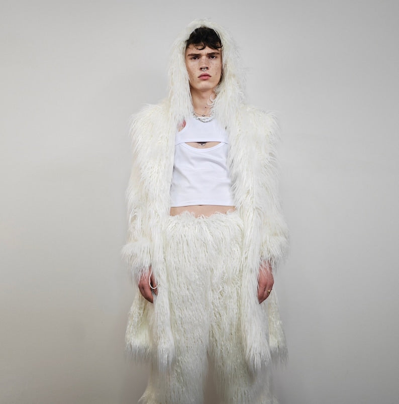 White shaggy fur coat longline hairy trench long hair overcoat fuzzy rave bomber festival jacket acid Burning man customizable peacoat