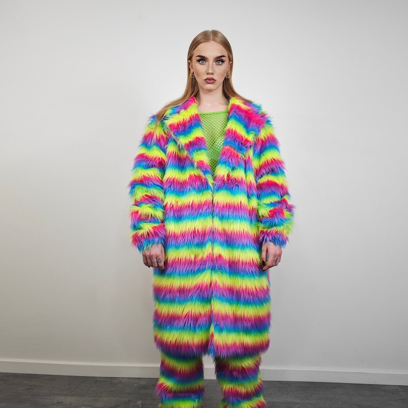 Rainbow shaggy fur coat longline striped carnival trench Gay overcoat fuzzy rave bomber Pride festival jacket LGBT custom fluffy peacoat