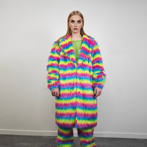 Rainbow shaggy fur coat longline striped carnival trench Gay overcoat fuzzy rave bomber Pride festival jacket LGBT custom fluffy peacoat