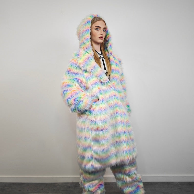 Striped shaggy fur coat longline pastel stripe carnival trench Gay overcoat fuzzy rave bomber Pride festival jacket LGBT custom peacoat