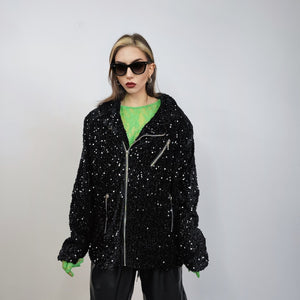 Sequin biker jacket black glitter bomber sparkle night club coat party blazer glam rock overcoat fancy dress embellished going out top