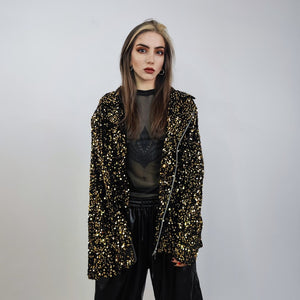 Sequin biker jacket gold glitter bomber sparkle night club coat party blazer glam rock overcoat fancy dress embellished going out top golden