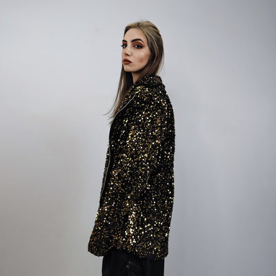 Sequin biker jacket gold glitter bomber sparkle night club coat party blazer glam rock overcoat fancy dress embellished going out top golden